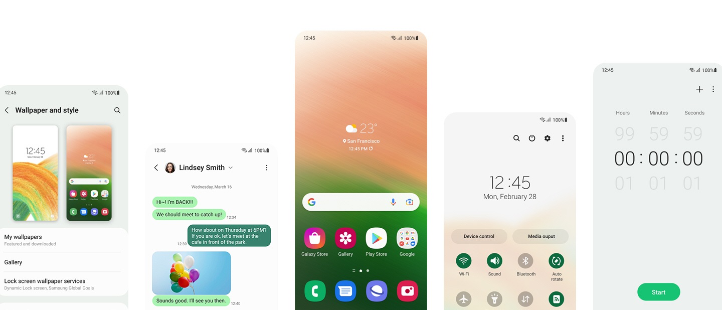 Pet različitih ekrana Galaxy A33 5G telefona prikazuju prilagođeni set boja i izgled uz pomoć One UI 4. Slijeva nadesno ekrani prikazuju: Meni sa pozadinom i stilom u postavkama, razgovor tekstualnim porukama sa prilagođenim svijetlozelenim i zelenim tekstualnim oblačićima, prilagođeni Početni ekran, prilagođeni meni za Brze postavke, i prilagođeni ekran Štoperice. 