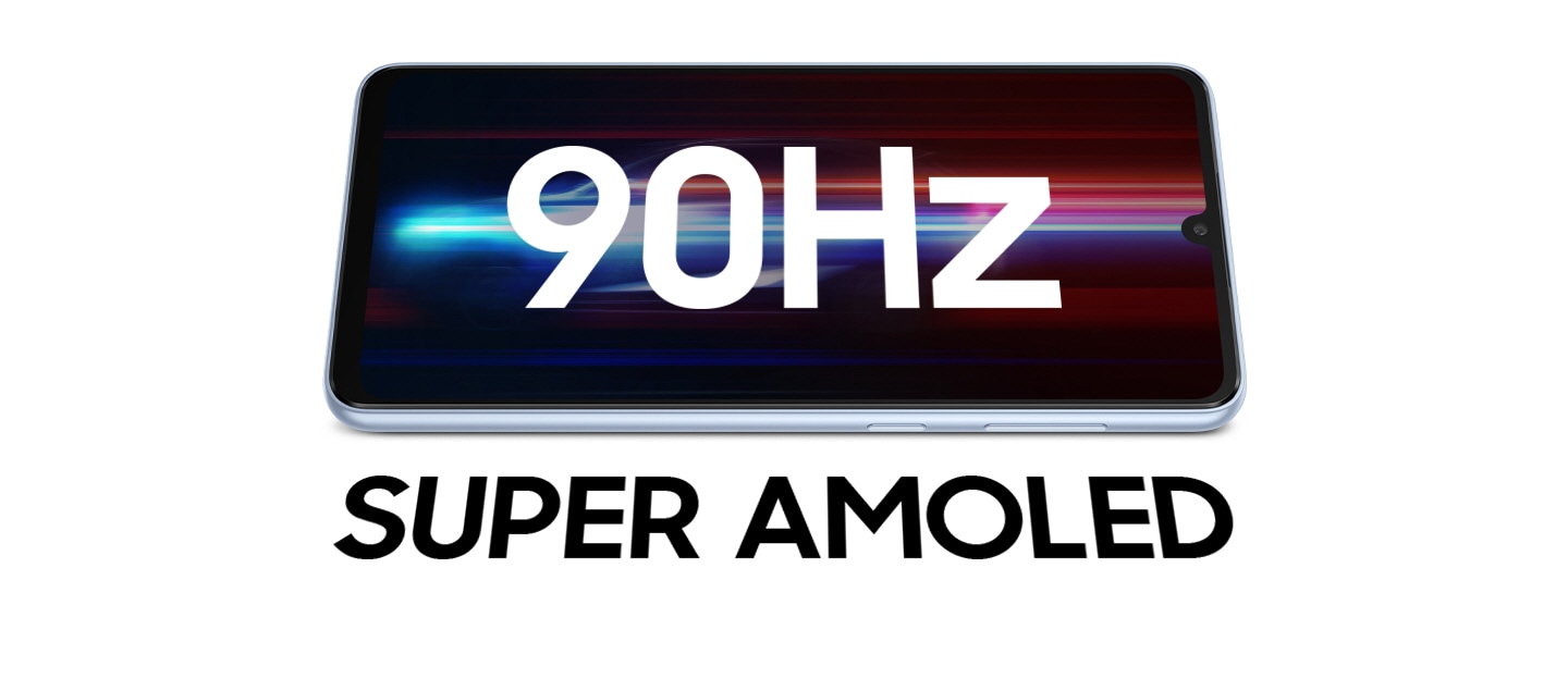 Galaxy A33 5G je položen horizontalno a na ekranu je prikazana živopisna slika Plavih i crvenih nijansi. U tekstu je natpis „90Hz” prikazan na ekranu a „SUPER AMOLED” je prikazan ispod.