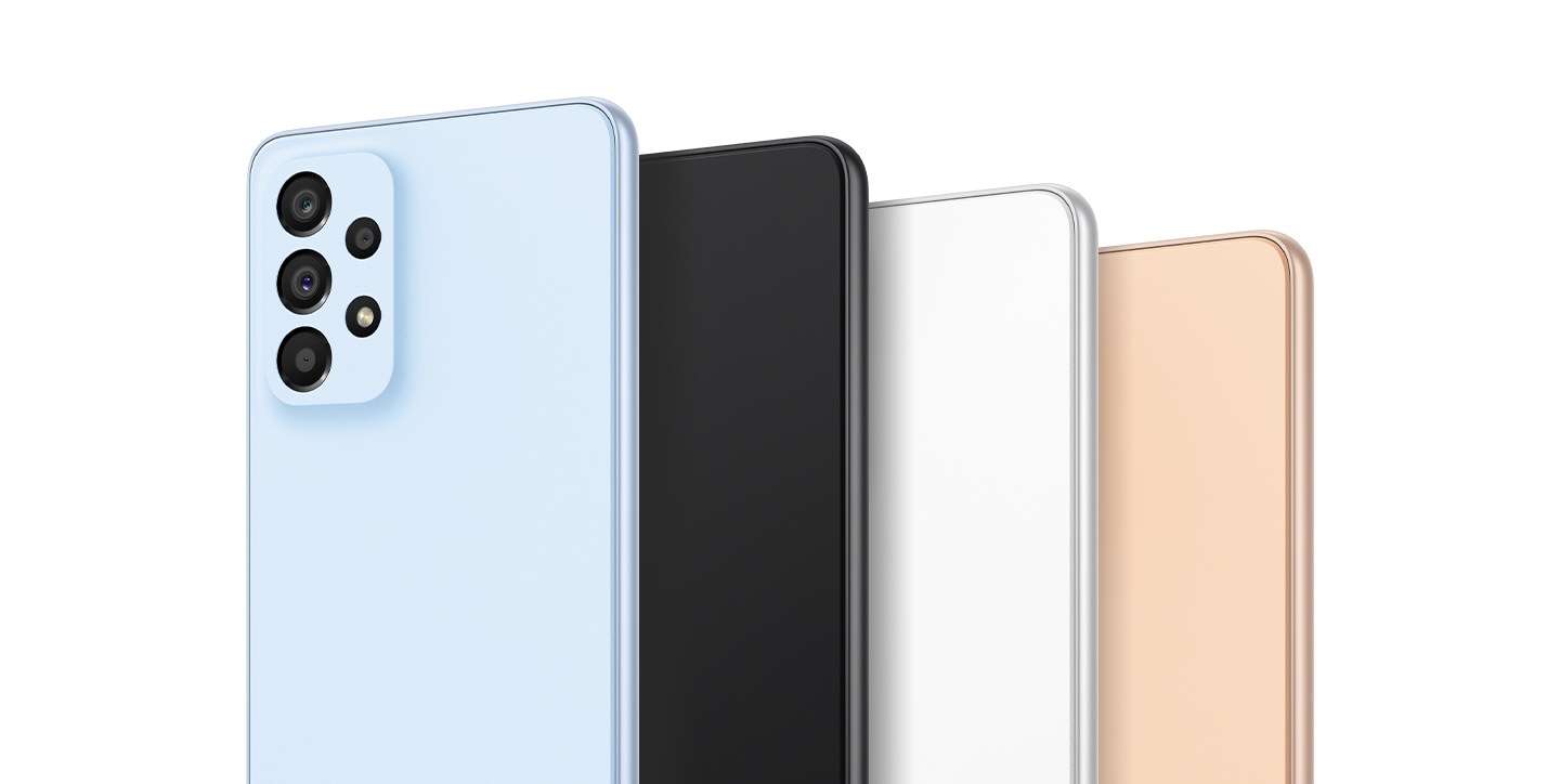 Četiri Galaxy A33 5G uređaja prikazuju njihove poleđine slijeva nadesno: Awesoma plava, Awesome crna, Awesome bijela i Awesome boja breskve. 