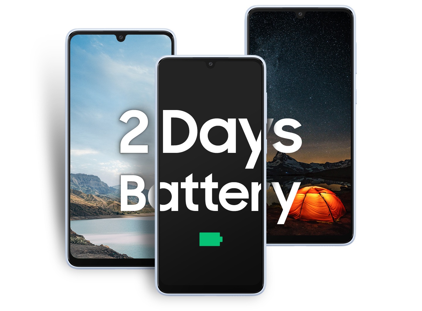 Tri Galaxy A33 5G uređaja od kojih lijevi prikazuje pejzaž dnevne svjetlosti, srednji prikazuje taman ekran sa ikonicom potpuno napunjene baterije i desni prikazuje sliku noćnog kampovanja. Tekst glasi „Baterija koja traje 2 dana.”