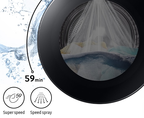 Towels and doll is in the drum and washing takes 59 minutes with the powerful speed spray.