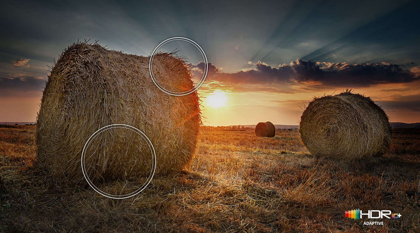 The sun is setting over a prairie showing a wide contrast by the Quantum HDR technology. The HDR10+ logo is on display. 