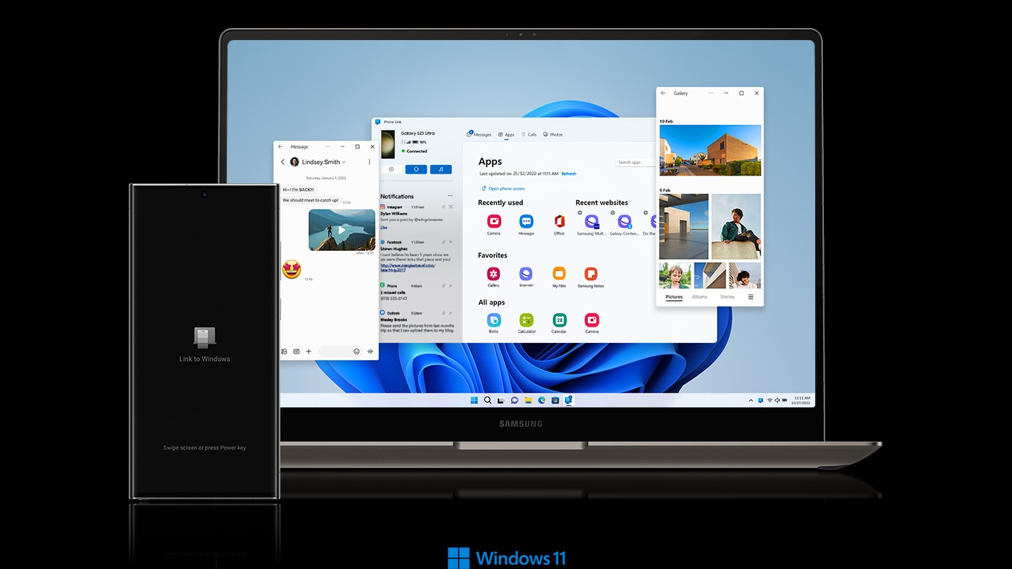 Link to Windows opcija je otvorena na Galaxy S23 Ultra. Pored nje na ekranu laptopa su otvoreni različiti prozori. To su sve datoteke i aplikacije s pametnog telefona, uključujući tekstualne poruke, instalirane aplikacije i galeriju fotografija u telefonu. Windows 11 logotip.