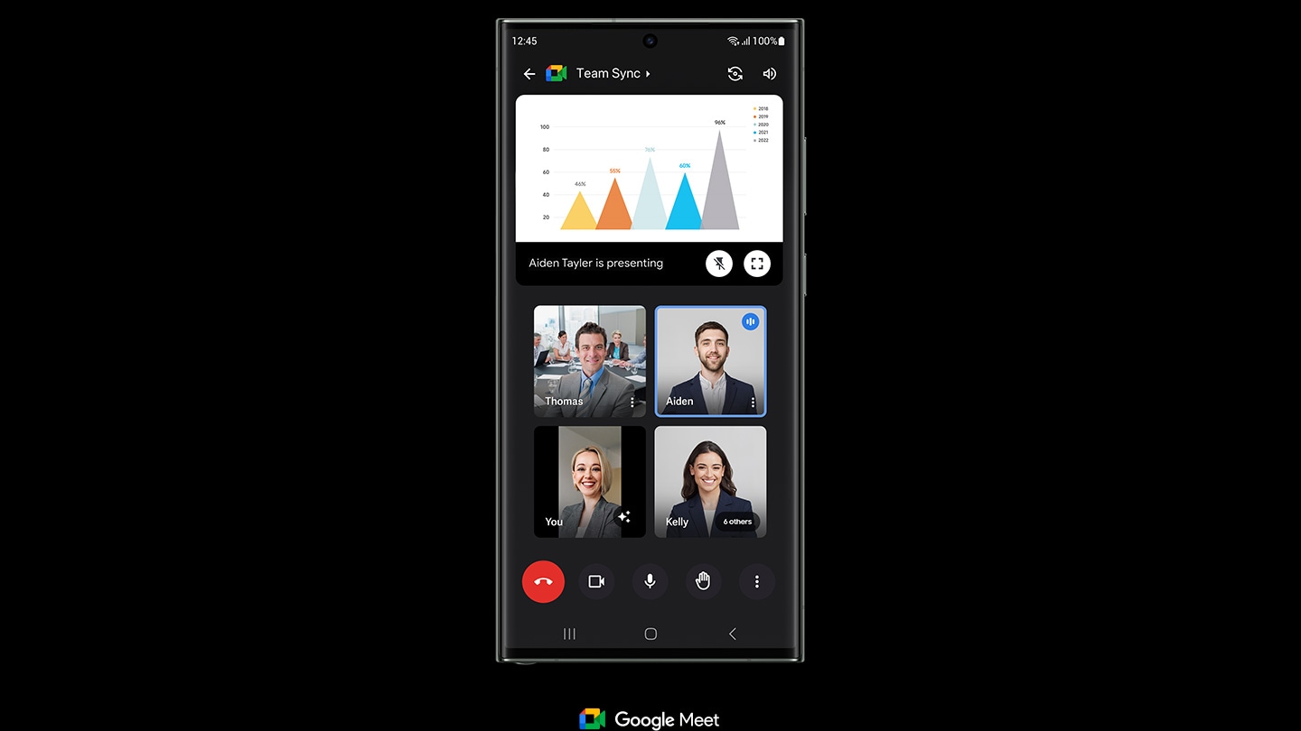 Galaxy S23 Ultra prikazan s prednje strane sa Google Meet na ekranu. U Team Sync funkciji aplikacije, u toku je video konferencija uživo. Ekran je podijeljen na prezentaciju koju dijeli učesnik u ćaskanju i četiri prozora web kamere koja prikazuju učesnike ćaskanja. Kontrole video poziva su na dnu ekrana.