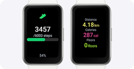 Two Galaxy Fit3 with the Steps tracking feature opened, one with the number of steps taken and the other one with distance, calories and floors.