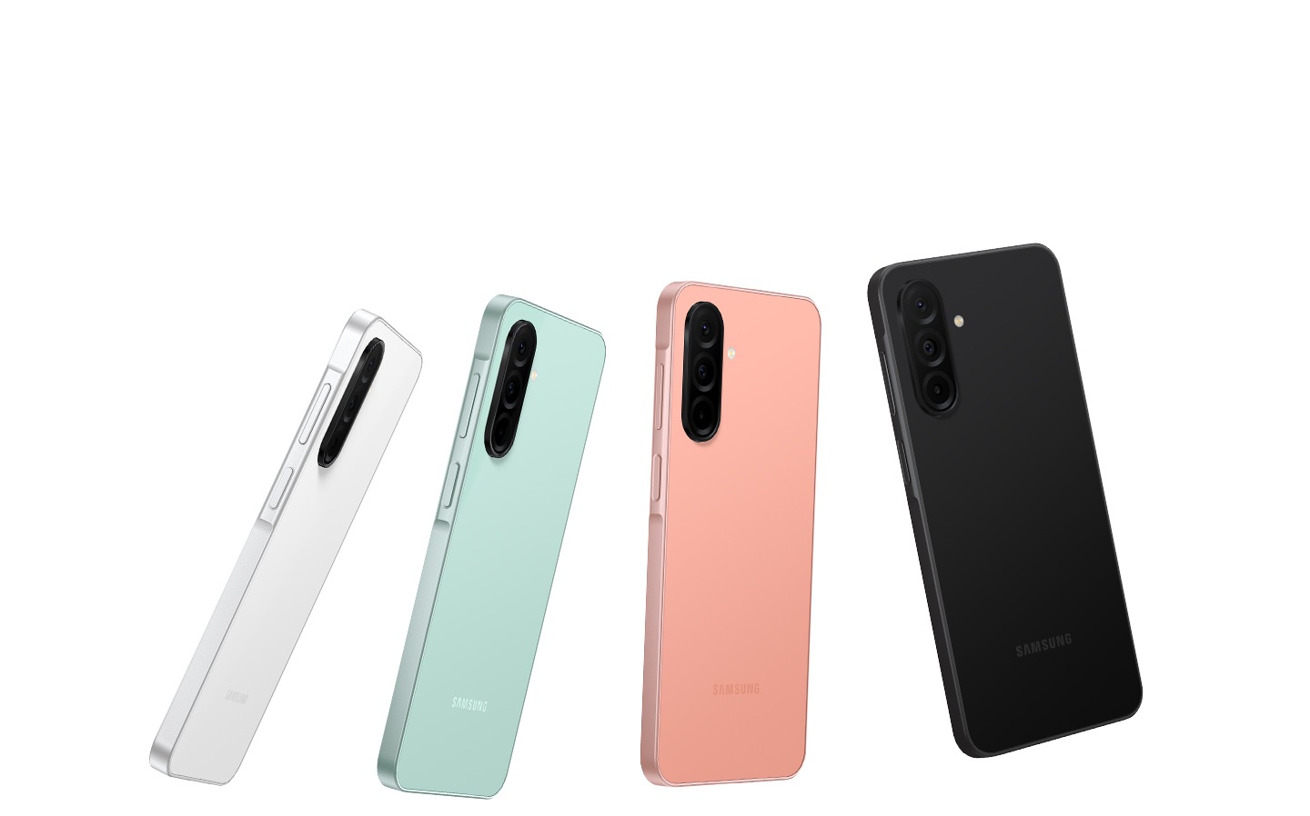 Four Galaxy A26 5G devices in White, Mint, Peach Pink and Black, showcasing their glass back featuring a 3-camera layout.