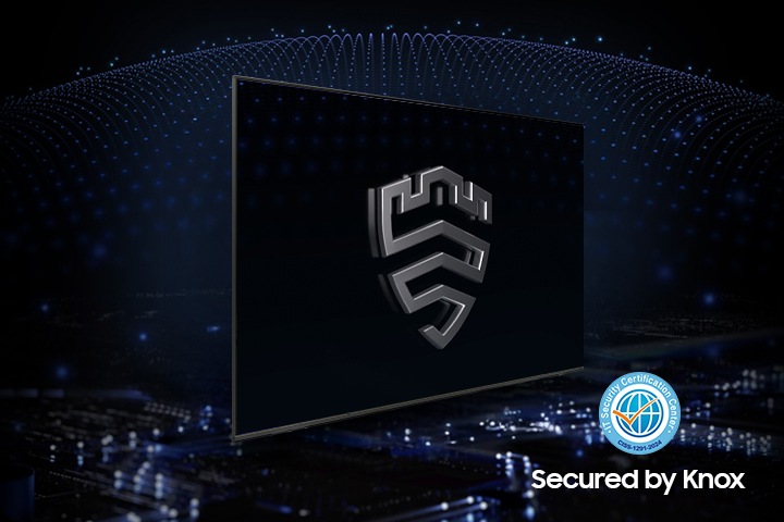 A multi-layered security solution is creating a dome-like enclosure behind a TV that's secured by Knox. The screen features the Samsung Knox emblem. The text Your privacy. Secured. Only on Samsung TV is on display on top.