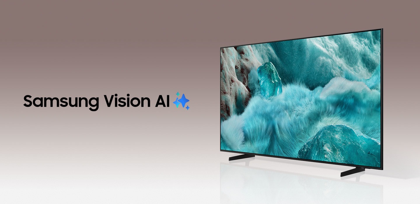The words Samsung Vision AI is accompanied by the Samsung AI logo. Nearby, a TV turns on to display a blue landscape.