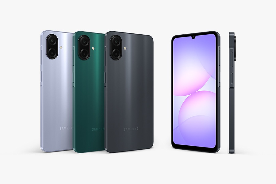 Galaxy A07 shown in black, light violet, and green from multiple angles, highlighting its sleek and slim design.