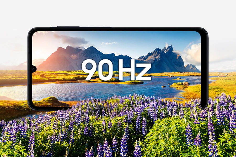 Galaxy A07 showing a vivid landscape with the text ‘90Hz’ on screen, highlighting its 6.7-inch screen and 90Hz refresh rate.