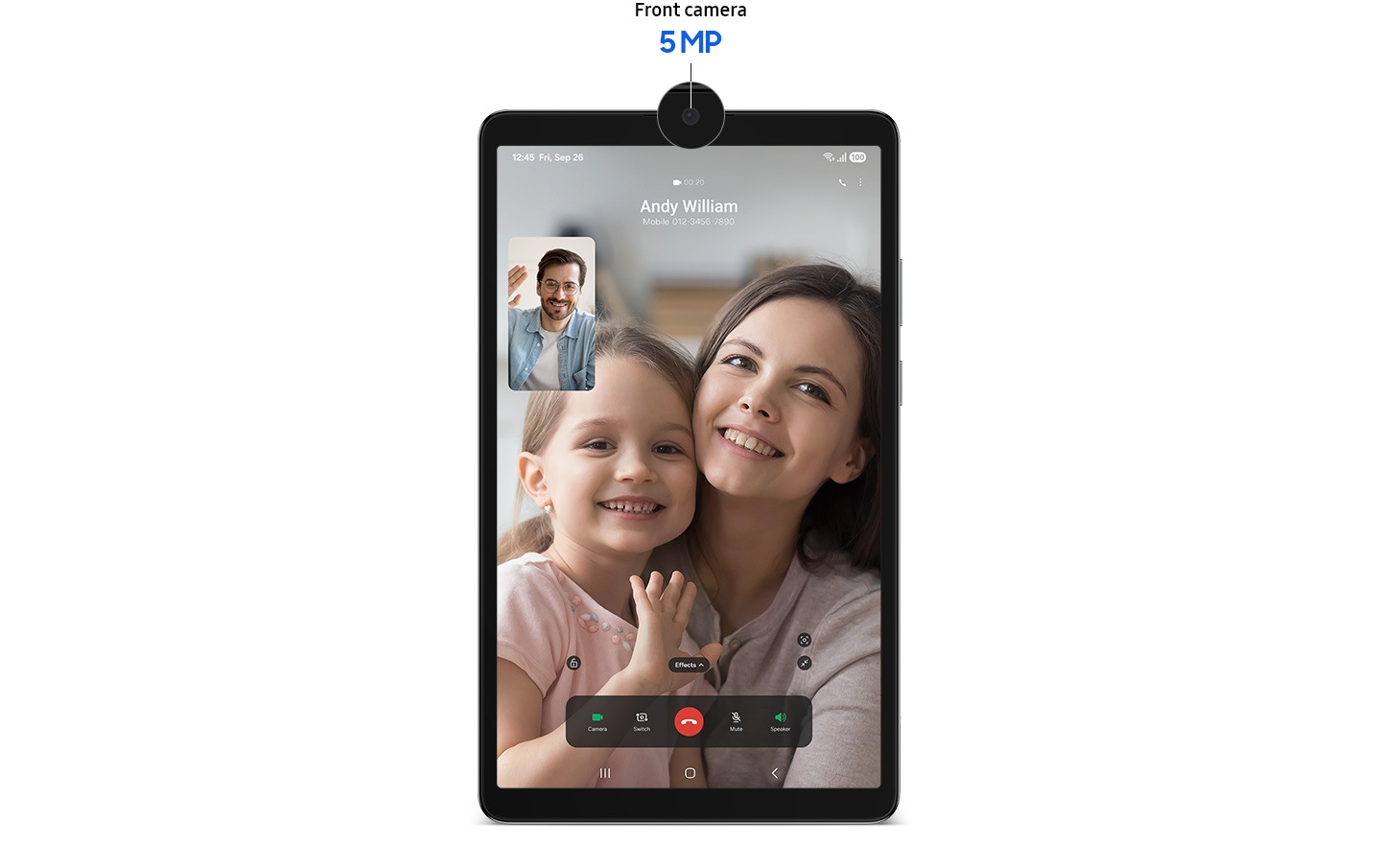 Galaxy Tab A11 is placed vertically, displaying an active video call interface. On the right side of the screen, a woman identified as 'Andy William' is smiling. On the left, a waving young girl is visible. A smaller window above the girl shows a man wearing glasses, suggesting a family catching up over a video call. The front camera is magnified, with text above it reading 'Front camera 5 MP'. The bottom dock shows app icons related to the video call interface.