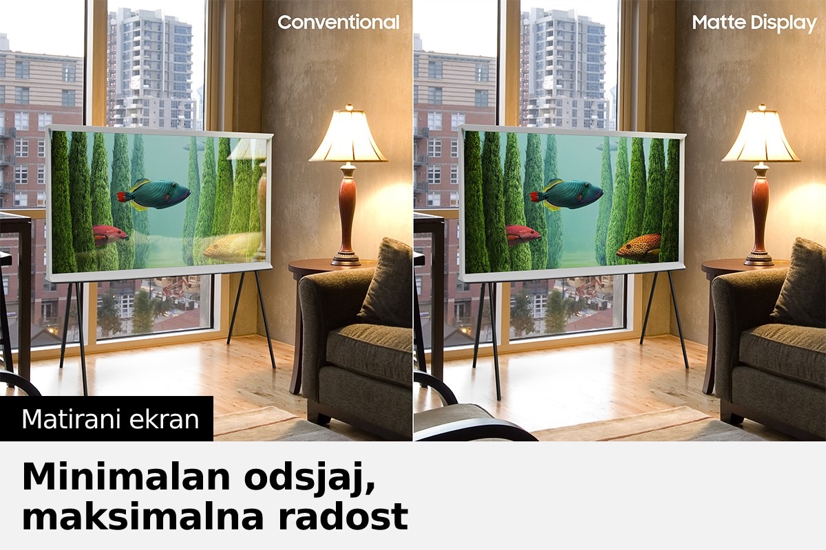 The Serif sa Konvencionalnim ekranom prikazuje odsjaj svjetlosti na ekran za razliku od The Serif uređaja sa Matiranim ekranom. UL verifikovan Glare Free: UGR pri odsjaju refleksije <10, UGR neugodnog odsjaja<22, UGR uznemirujućeg odsjaja<34 logo je također na ekranu.