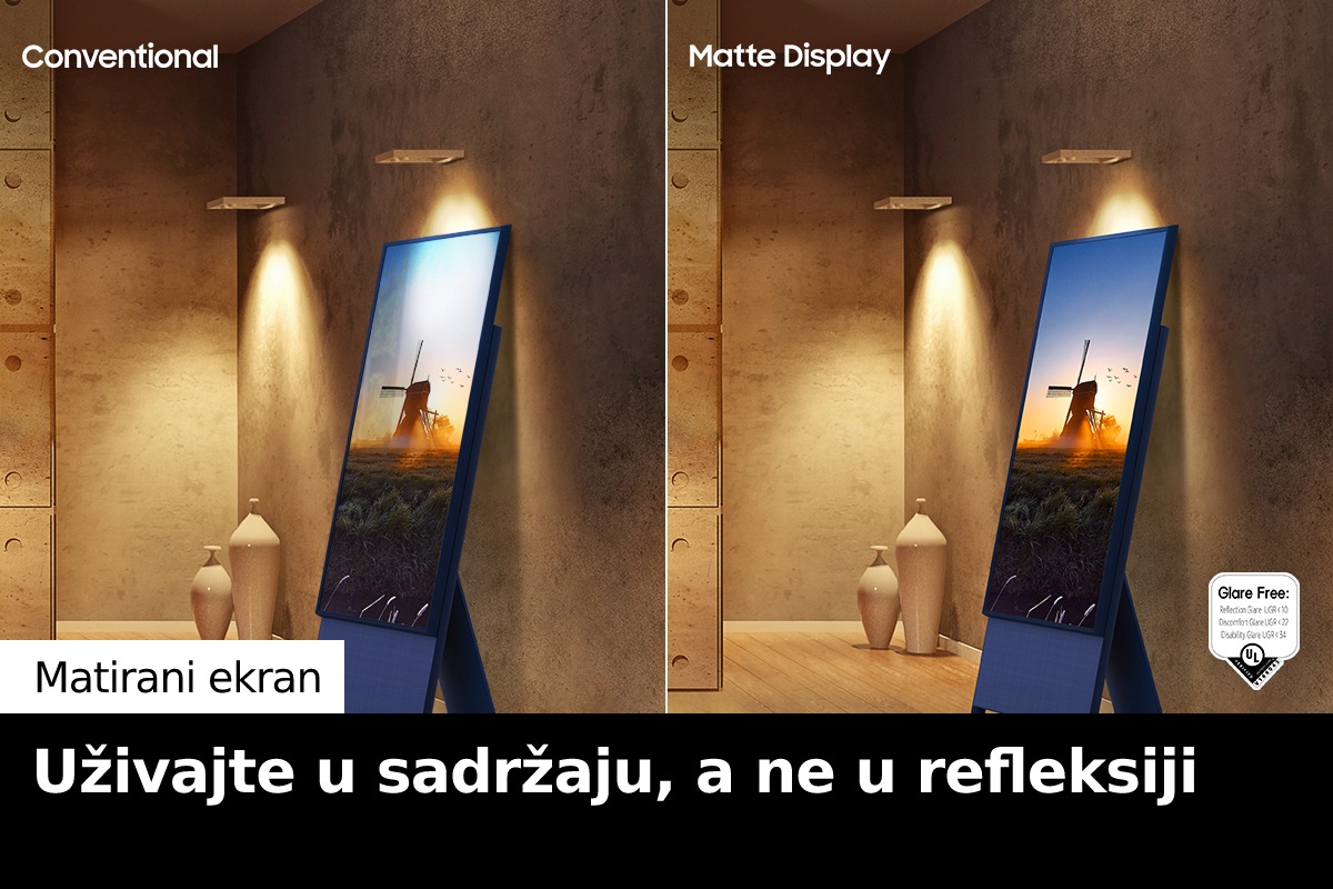 The Sero sa konvencionalnim ekranom ima blage refleksije na svom ekranu pored lampe. The Sero sa Matiranim ekranom nema refleksije pored lampe. Prikazan je UL verifikovan Glare Free logo na kojem piše UGR pri odsjaju refleksije<10, UGR neugodnog odsjaja<22, UGR uznemirujućeg odsjaja<34.