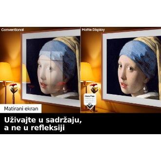 Lijeva strana ekrana pomoću riječi „Konvencionalno” prikazuje The Frame televizor na kojem je prikazano umjetničko djelo puno odsjaja. Desna strana pomoću riječi „Matirani ekran” prikazuje The Frame televizor sa istom slikom koja nema odsjaja i certifikovan glare-free logo na donjoj lijevoj strani.