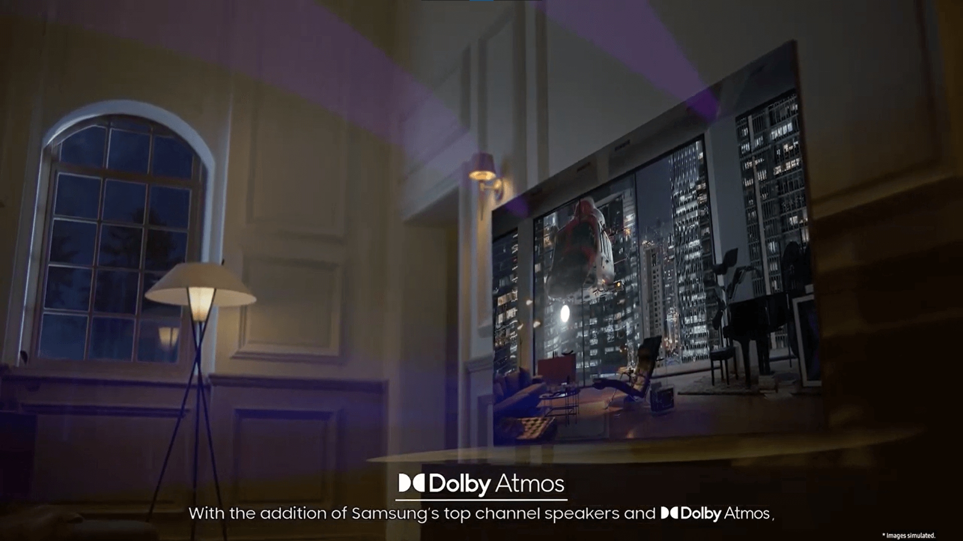 A Neo QLED TV is displaying a helicopter shooting light onto a building at night. Sound waves from its top channel speakers is filling the room.
