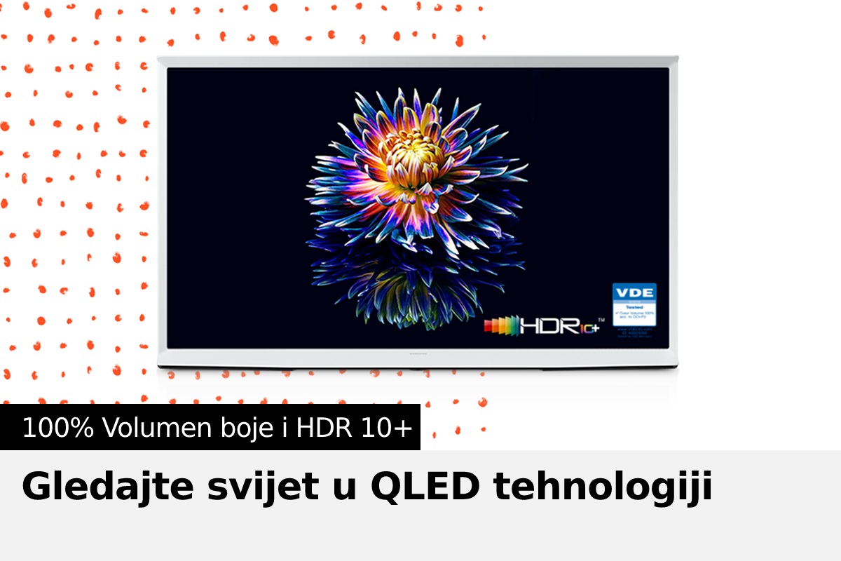 Na ekranu The Serif televizora je prikazan cvijet koji cvjeta u živopisnoj boji. Na dnu ekrana su prikazani logo „HDR 10+” i „VDE”