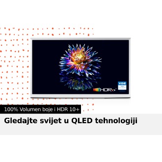 Na ekranu The Serif televizora je prikazan cvijet koji cvjeta u živopisnoj boji. Na dnu ekrana su prikazani logo „HDR 10+” i „VDE”