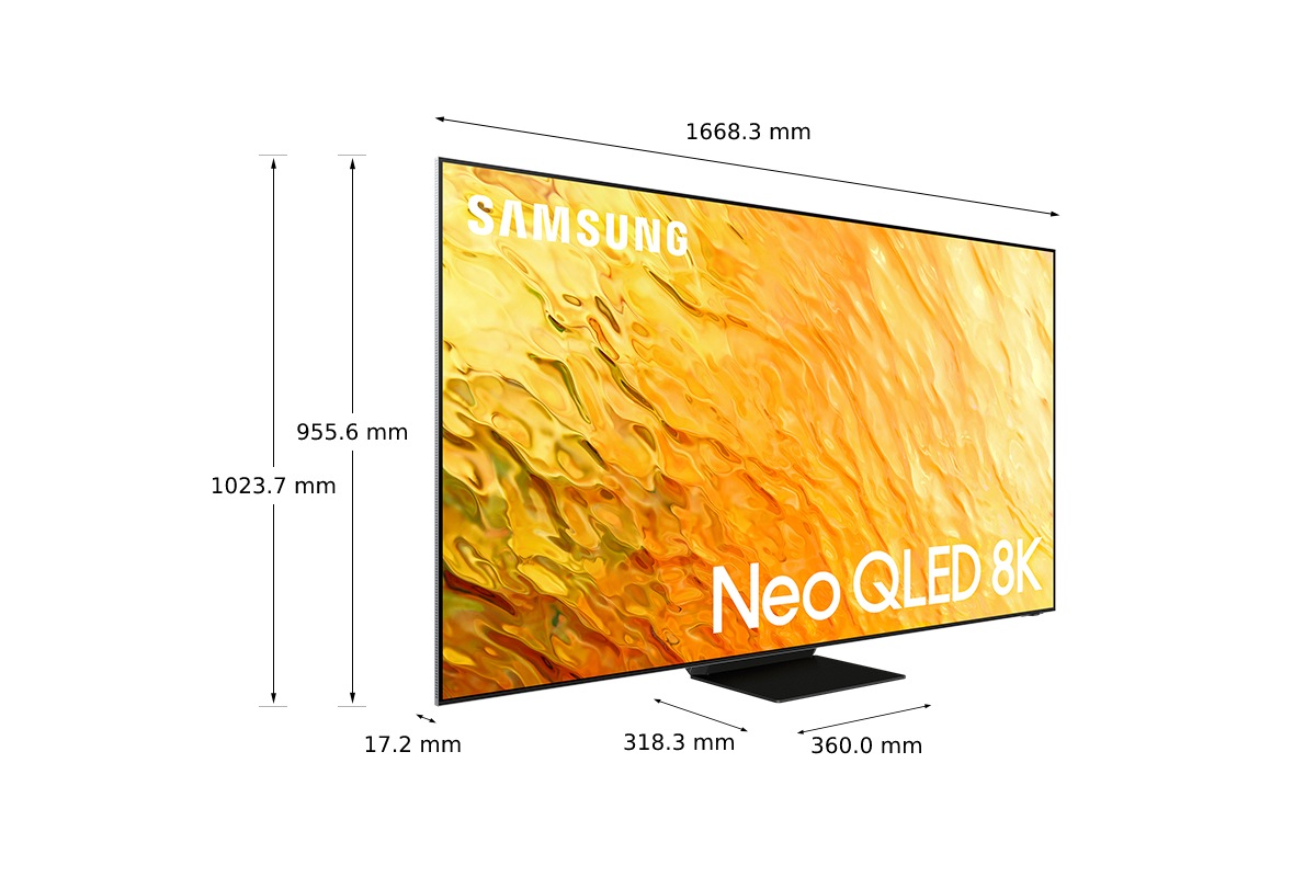 Dimenzije Samsung QLED TV 75" QN800B sa povezanim postoljem u crnoj boji