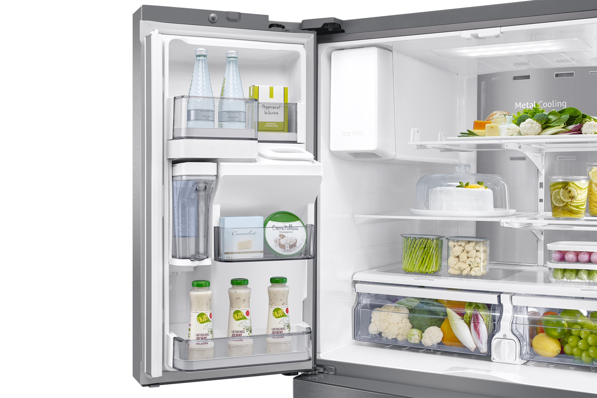 new-ice-maker-l-door-bins-flip-up-shelf-lighting silver