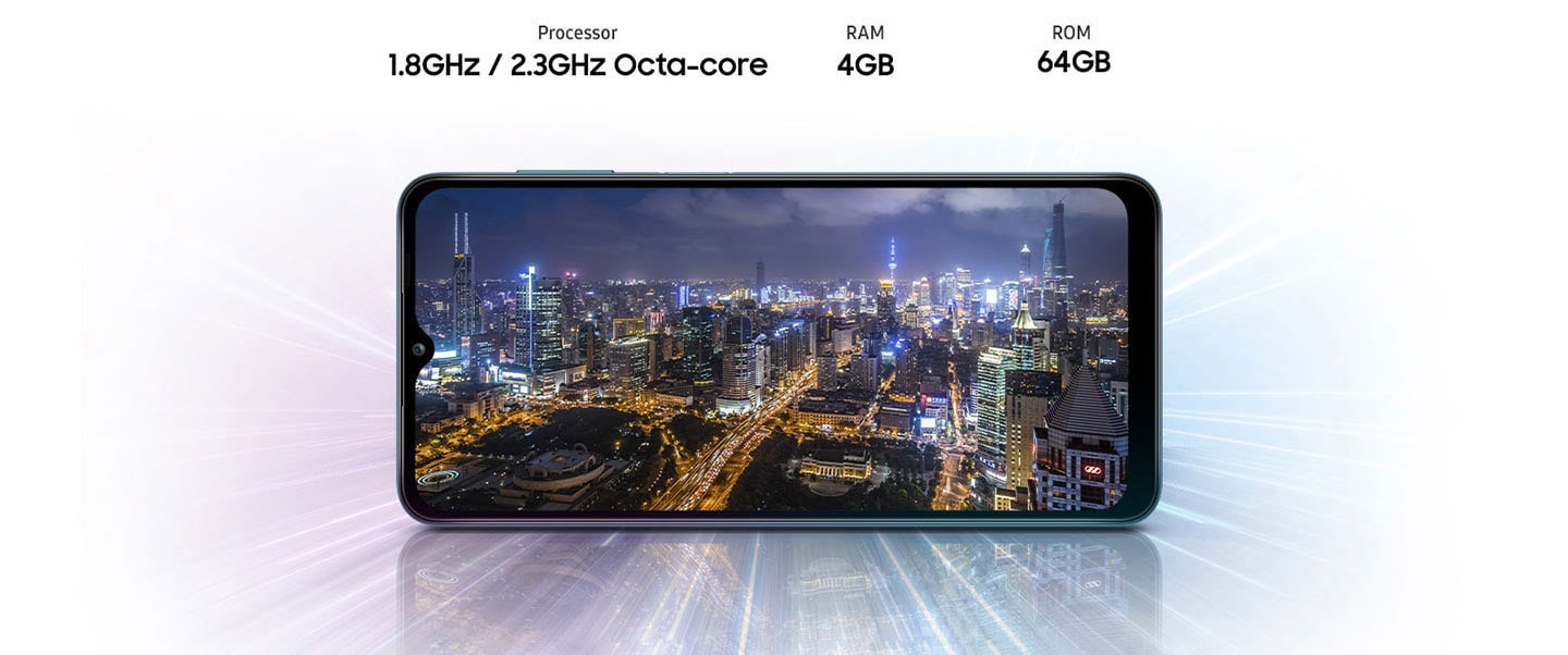 A12 shows night view of city, indicating device offers Octa-core processor, 3GB/4GB/6GB of RAM, 32GB/64GB/128GB of ROM