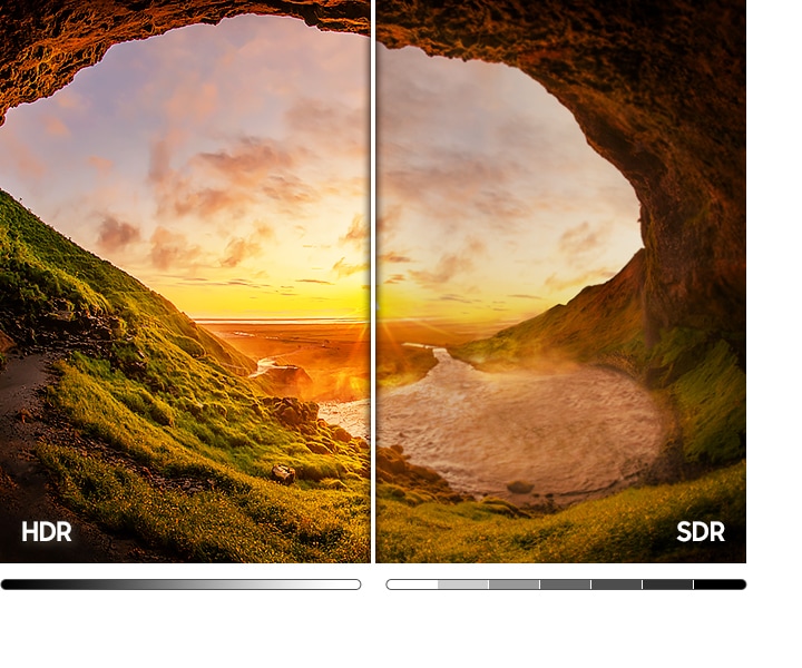 The beach cave image on the left compared to SDR Image on the right shows a wider range of light and dark levels due to HDR technology. SAMSUNG 50" Crystal 4K Smart UHD TV UA50AU7500RSFS