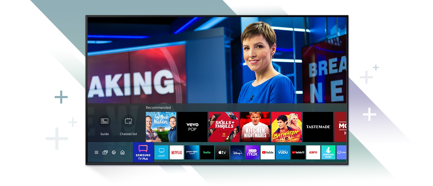 Samsung TV Plus user interface can be seen on TV and smartphone, demonstrating Samsung TV Plus mobile device compatibility. SAMSUNG 50" Crystal 4K Smart UHD TV UA50AU7500RSFS