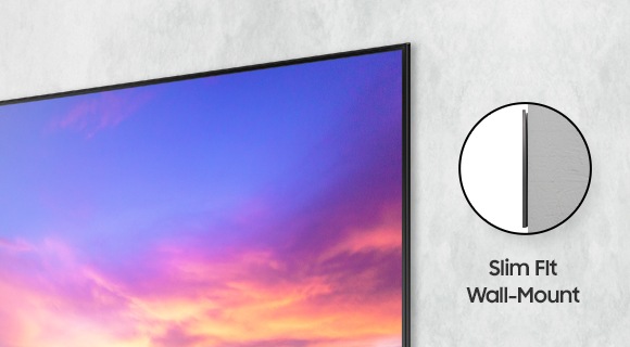 A close-up view of AU8000 shows the narrow gap between TV and wall. The word Slim Fit Wall Mount can be seen on the side. SAMSUNG 85" Crystal 4K Smart UHD TV UA85AU8000RSFS