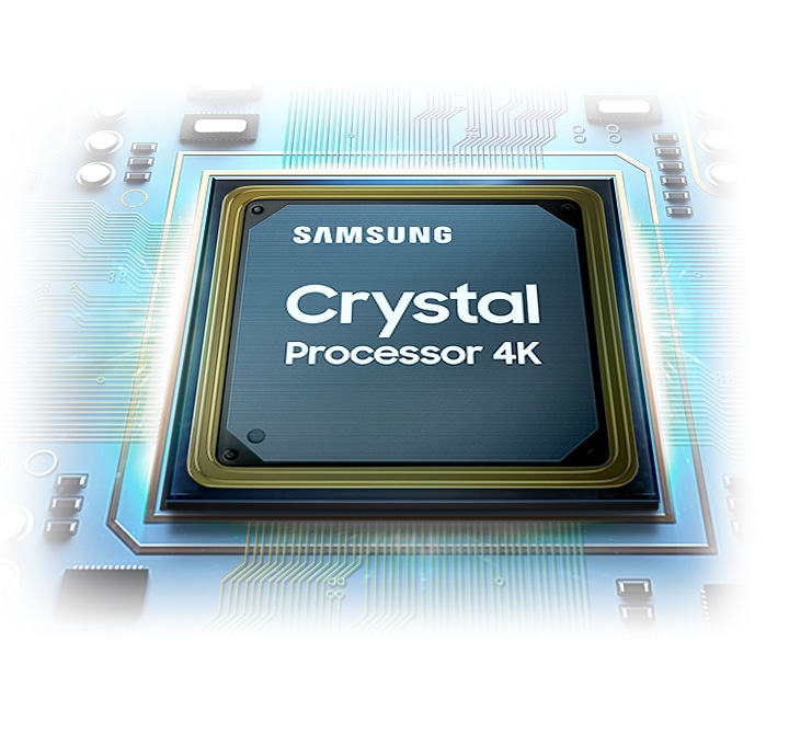 The crystal processor chip is shown. The Samsung logo as well as the Crystal Processor 4K logo can be seen on top. SAMSUNG 50" Crystal 4K Smart UHD TV UA50AU8000RSFS