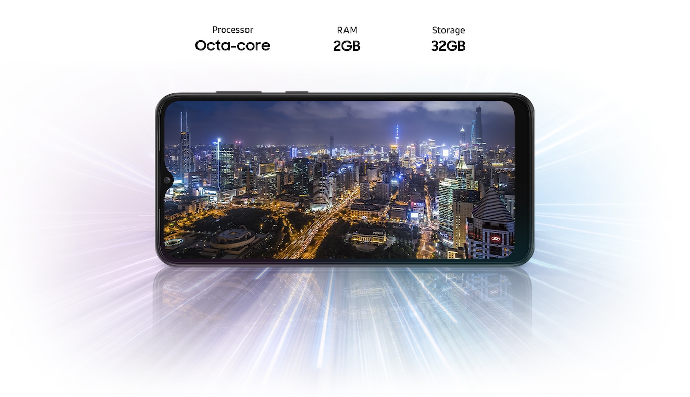 Galaxy A03 Core in landscape mode and a city skyline at sunset onscreen. Above the phone is semi-circle showing the sun's path through the day, with icons of a sun rising, shining sun and a moon to depict sunrise, mid-day and night. Text says 5000 mAh (typical).