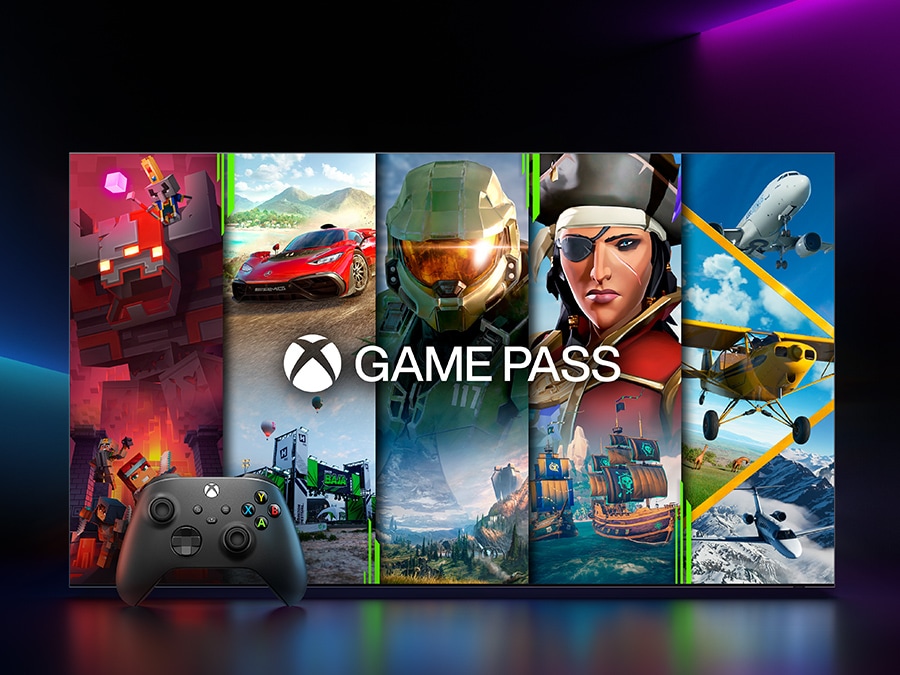 Screenshots of 5 different Xbox games are displayed at once. The Xbox Game Pass logo and a game controller are shown. 