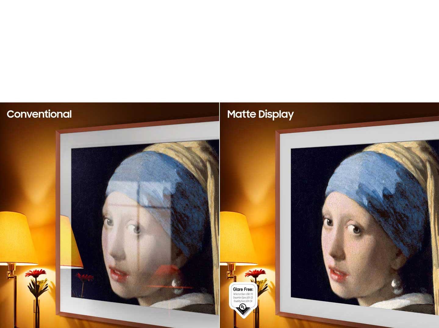 The left side of the screen with the word 'Conventional' shows The Frame displaying an artwork full of reflections. The right side of the screen with the words 'Matte Display' shows The Frame with the same painting that has no glare. A glare-free certified logo is on the lower left side.