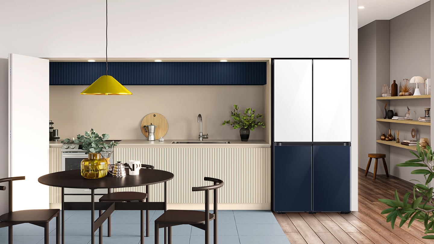 Placed in a stylish kitchen, the refrigerator has a two-tone finish that blends seamlessly with the tones of the room.