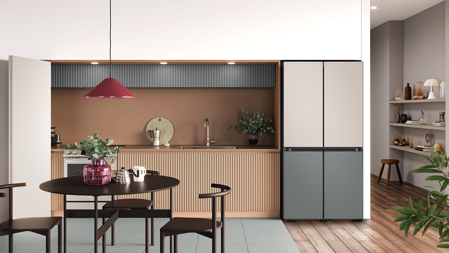 Placed in a stylish kitchen, the refrigerator has a two-tone finish that blends seamlessly with the tones of the room.