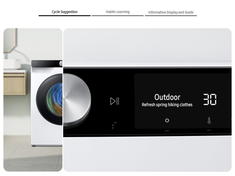 The AI washer’s control panel displays the Cycle suggestion, Habits learning, Informative display and guide.