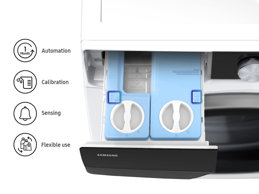 Top view of the Auto Dispenser. automation, calibration, sensing and flexible use feature. 1. liquid detergent and 2. fabric softener, liquid detergent icons printed on the dispenser are highlighted. The auto dispenser 2 can use general detergents, softeners, baby detergent and special detergents.
