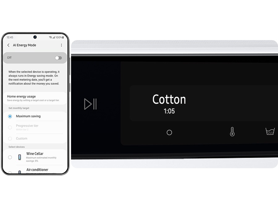 AI ​​Energy Mode is activated by checking the mode button to 'On' and selecting the device you want to run on Smartphone. It does energy saving up to 70% more than AI Energy Mode off. ※Images shown are for illustration purpose. Results may vary depending on the actual usage conditions.