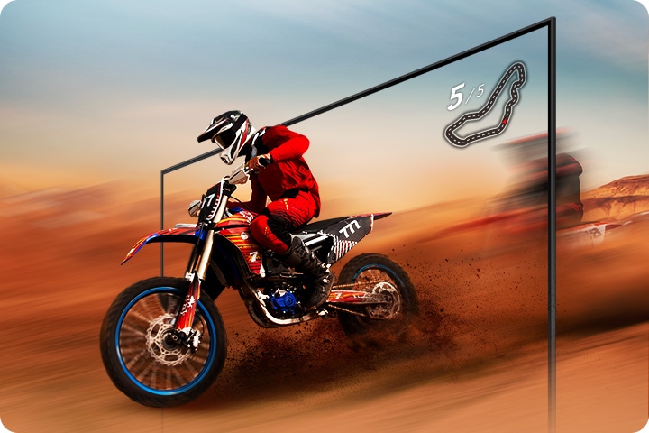 A dirt bike racer looks clear and visible inside the TV screen because of TV motion xcelerator technology.