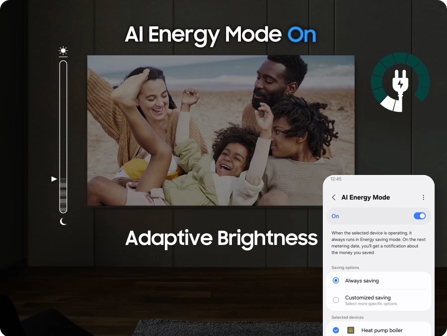 When AI Energy Mode is off, the surroundings around the TV appear bright. A smartphone screen displaying AI Energy Mode pops up, and it switches from Off to On. With adaptive brightness and AI Energy Mode activated, the energy level decreases significantly, and the scale shifts from day to night.