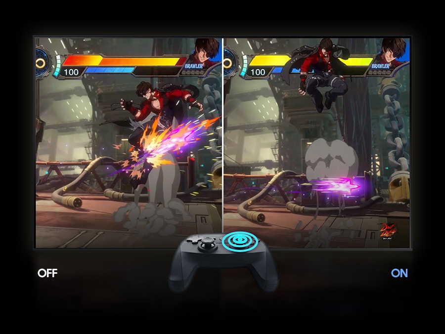 A split screen displays the same brawler character on both sides. With Auto Low Latency Mode turned Off on the left side, the character is unable to dodge a blast. With Auto Low Latency Mode turned On in the right side, the screen reacts faster to the input, allowing the brawler to dodge the blast.