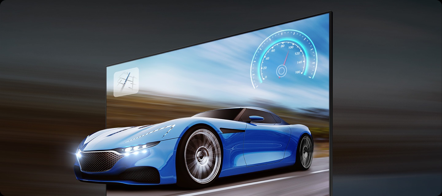 The blue car on the TV screen looks clear and visible on the TV due to motion xcelerator 120hz technology.