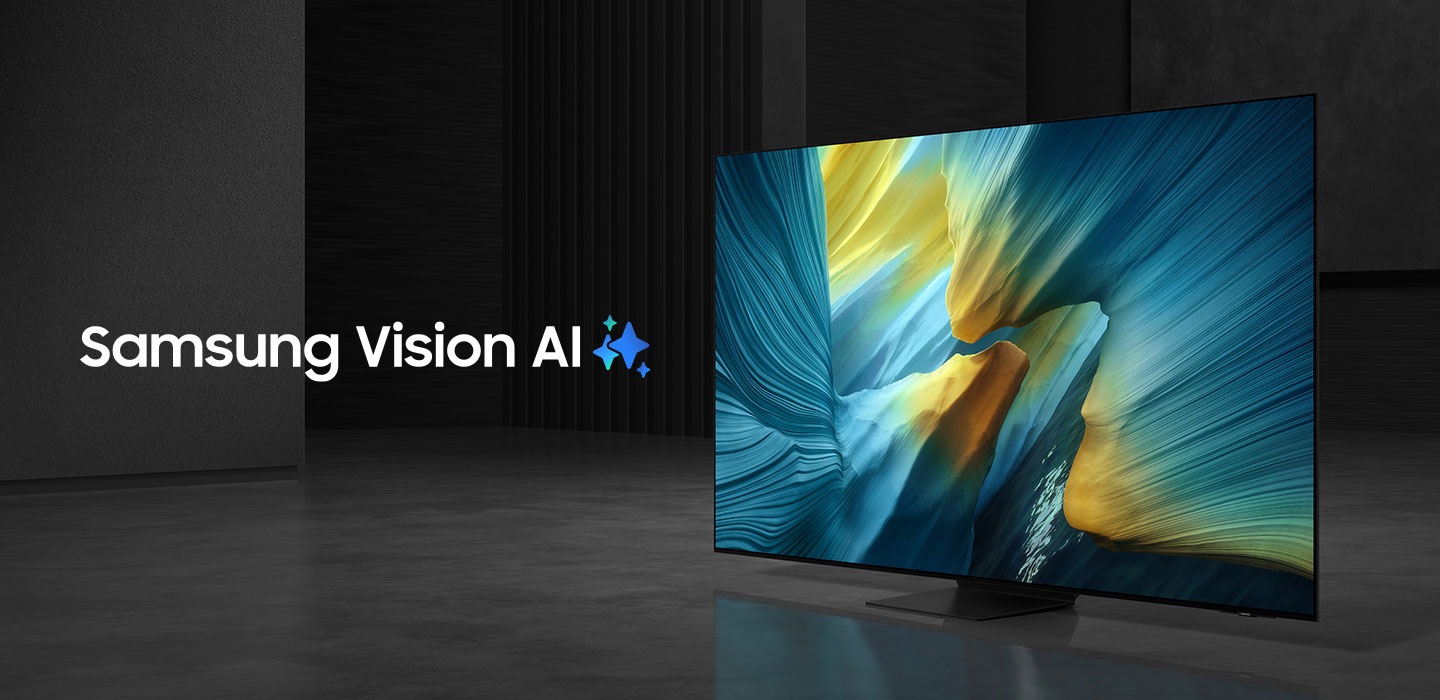 In a dim room, the words Samsung Vision AI is accompanied by the Samsung AI logo. A TV turns on to display a bright abstract blue landscape with a yellow tinge.