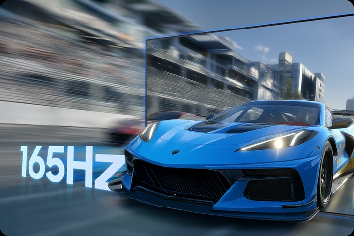 Scene from racing game. The car's movement is so fast and clear that it appears to race out of the screen. 165 Hz.
