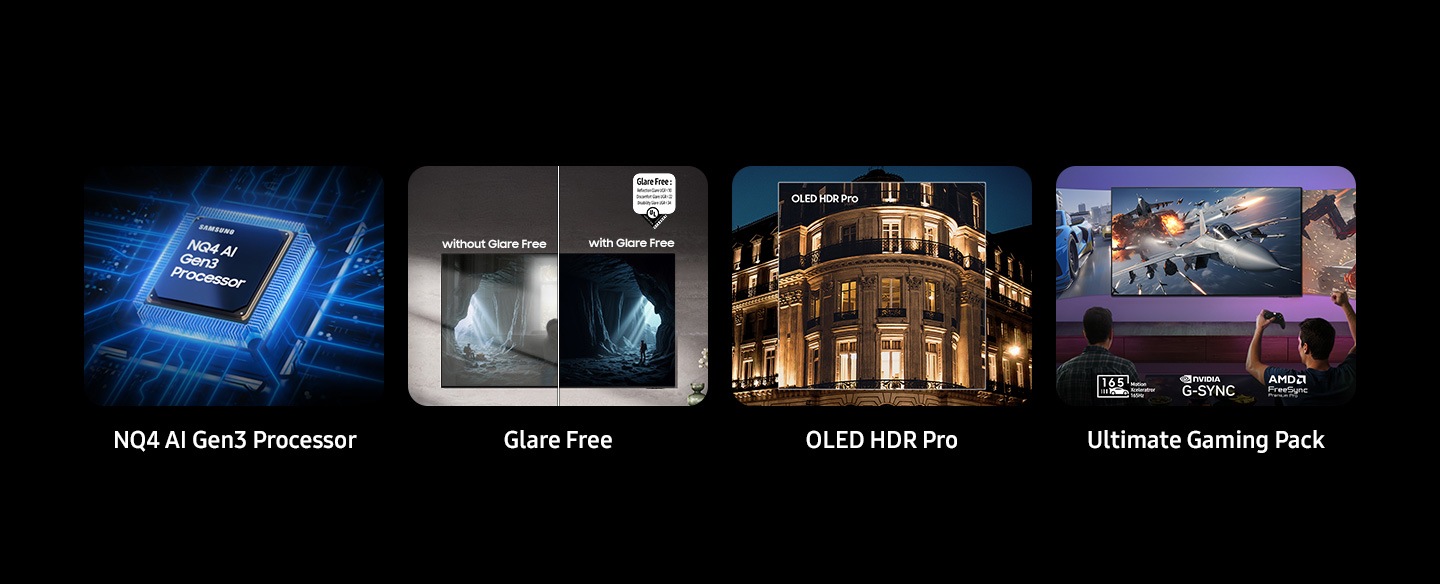Key features at a glance shown as Samsung NQ4 AI Gen3 Processor. Glare Free, with Glare Free, without Glare Free and UL verified V166045 UGR<10, UGR<22, UGR<34 logo. OLED HDR Pro. Ultimate Gaming Pack with 165 Motion Xcelerator 165Hz, NVIDIA G-Sync, AMD FreeSync Premium Pro logos.