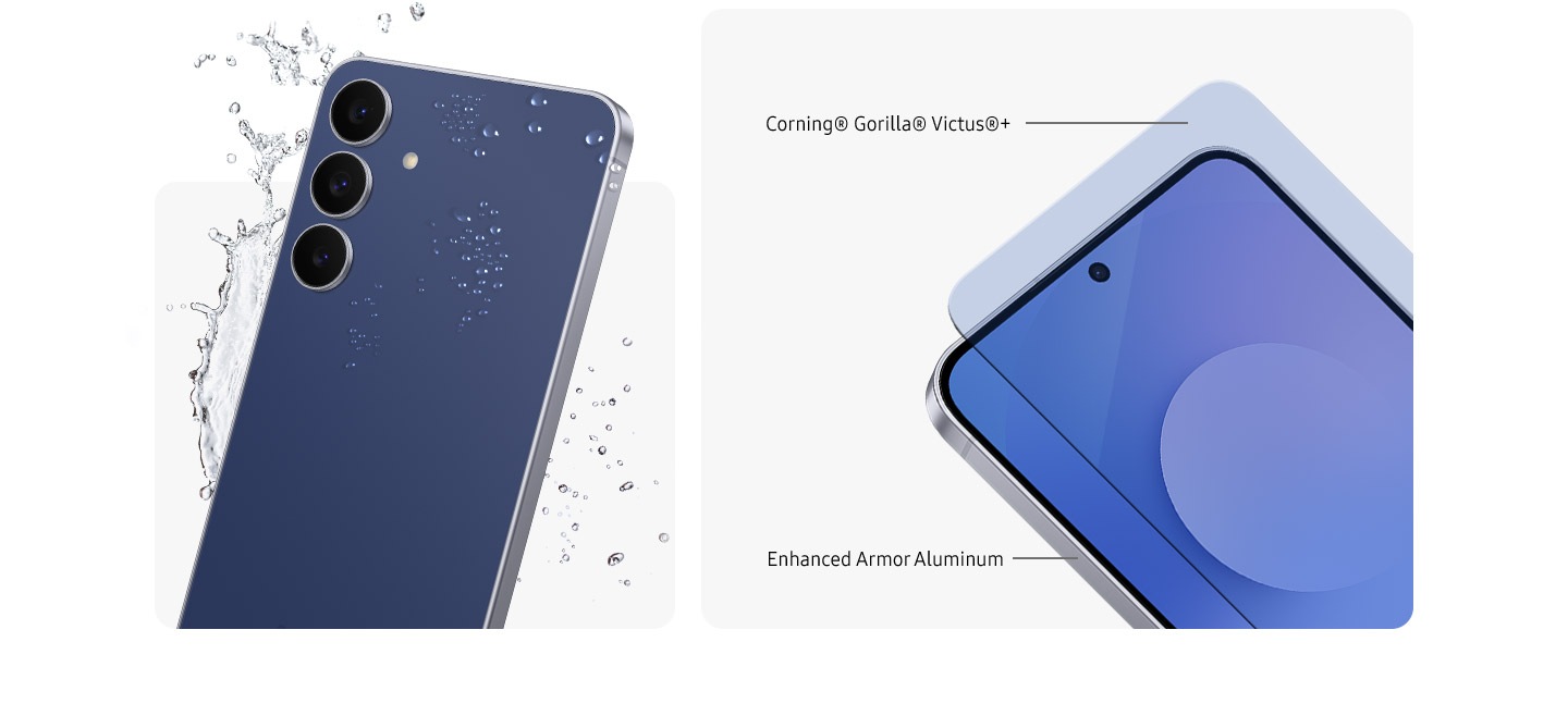 Samsung Galaxy S25 FE shown in two sections: one displays the back with three camera lenses and water splashes, suggesting water resistance; the other highlights the front with labels indicating 'Corning® Gorilla® Victus®' glass and an 'Enhanced Armor Aluminum'.
