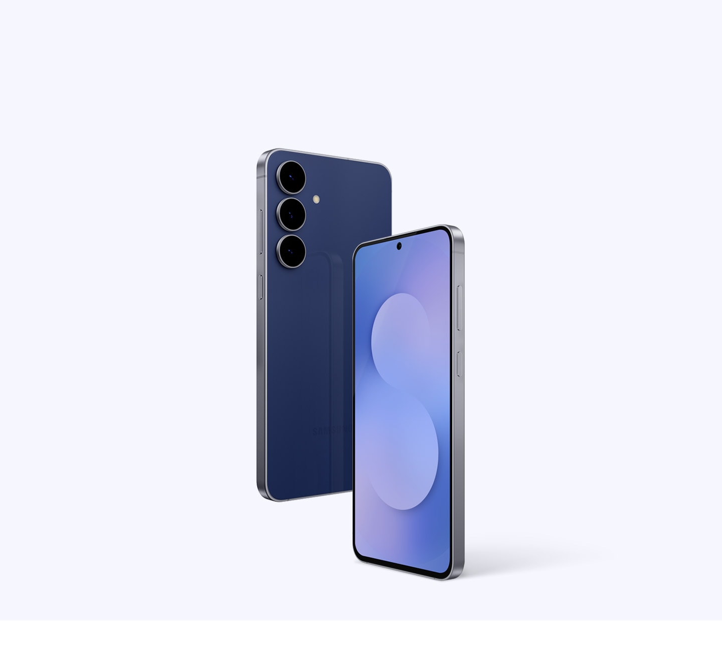 Samsung Galaxy S25 FE in Navy, shown from front and back with sleek design and triple rear cameras.