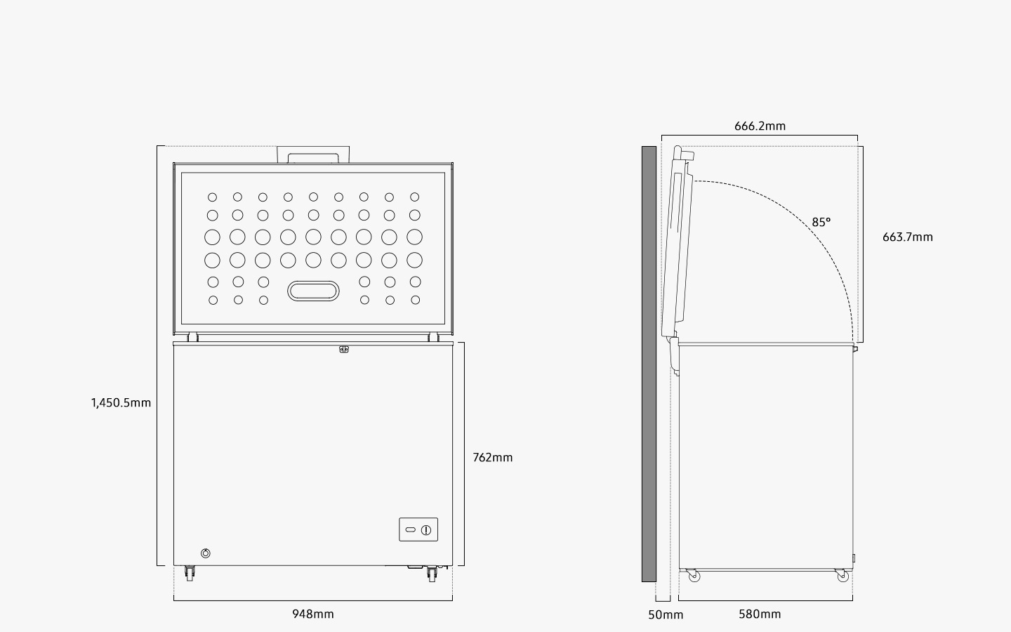 Illustration shows the refrigerator’s dimensions from the front and side when the door is open. When the refrigerator door is maxed out, it measures 1,450.5 mm in height, including the handle, 762 mm in height excluding the door, 948 mm in width, and 580 mm in depth excluding the hinge. The door can be opened up to 85 degrees, at which point the door measures 663.7 mm in height and 666.2 mm in depth. When installed, the refrigerator needs more than 50mm of space from the rear wall.