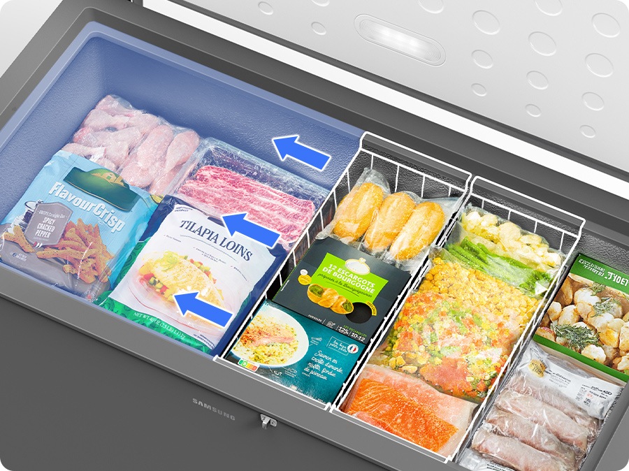 Two movable wire baskets are installed at the top of the refrigerator. The arrows indicate that the baskets can easily slide sideways.