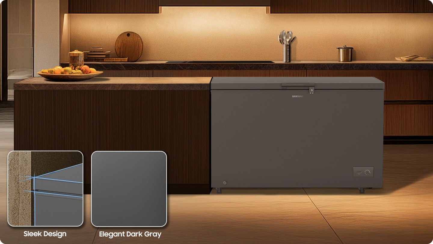 The refrigerator is installed in a modern kitchen. It features a sleek design and an elegant dark gray color.