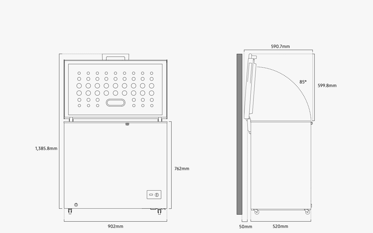 Illustration shows the refrigerator’s dimensions from the front and side when the door is open. When the refrigerator door is maxed out, it measures 1,385.8 mm in height, including the handle, 762 mm in height excluding the door, 902 mm in width, and 520 mm in depth excluding the hinge. The door can be opened up to 85 degrees, at which point the door measures 599.8 mm in height and 590.7 mm in depth. When installed, the refrigerator needs more than 50mm of space from the rear wall.