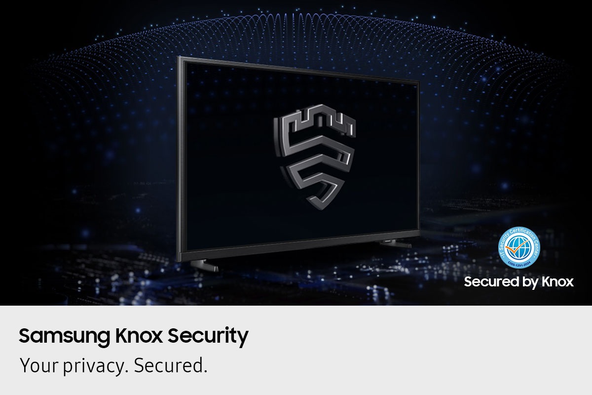 A multi-layered security solution is creating a dome-like enclosure behind a TV that's secured by Knox. The screen features the Samsung Knox emblem. The text Your privacy. Secured. Only on Samsung TV is on display on top. 